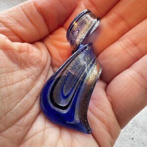 Art Glass Pendant Blue Gold Shimmer Sculptural Glass Necklace